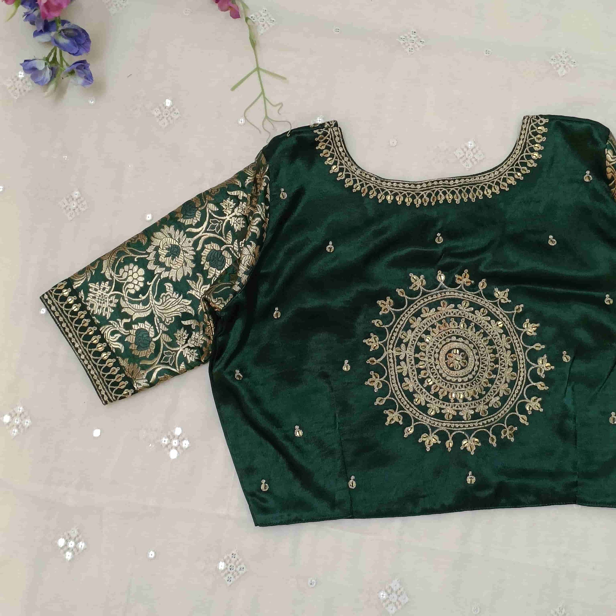 Bottle Green Silk Brocade Sleeves Aari Work Readymade Blouse