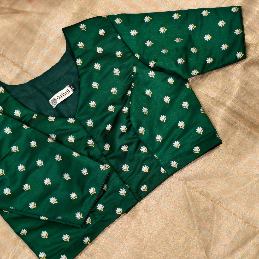 Bottle Green Zari Floral Motif Satin Silk Brocade Blouse