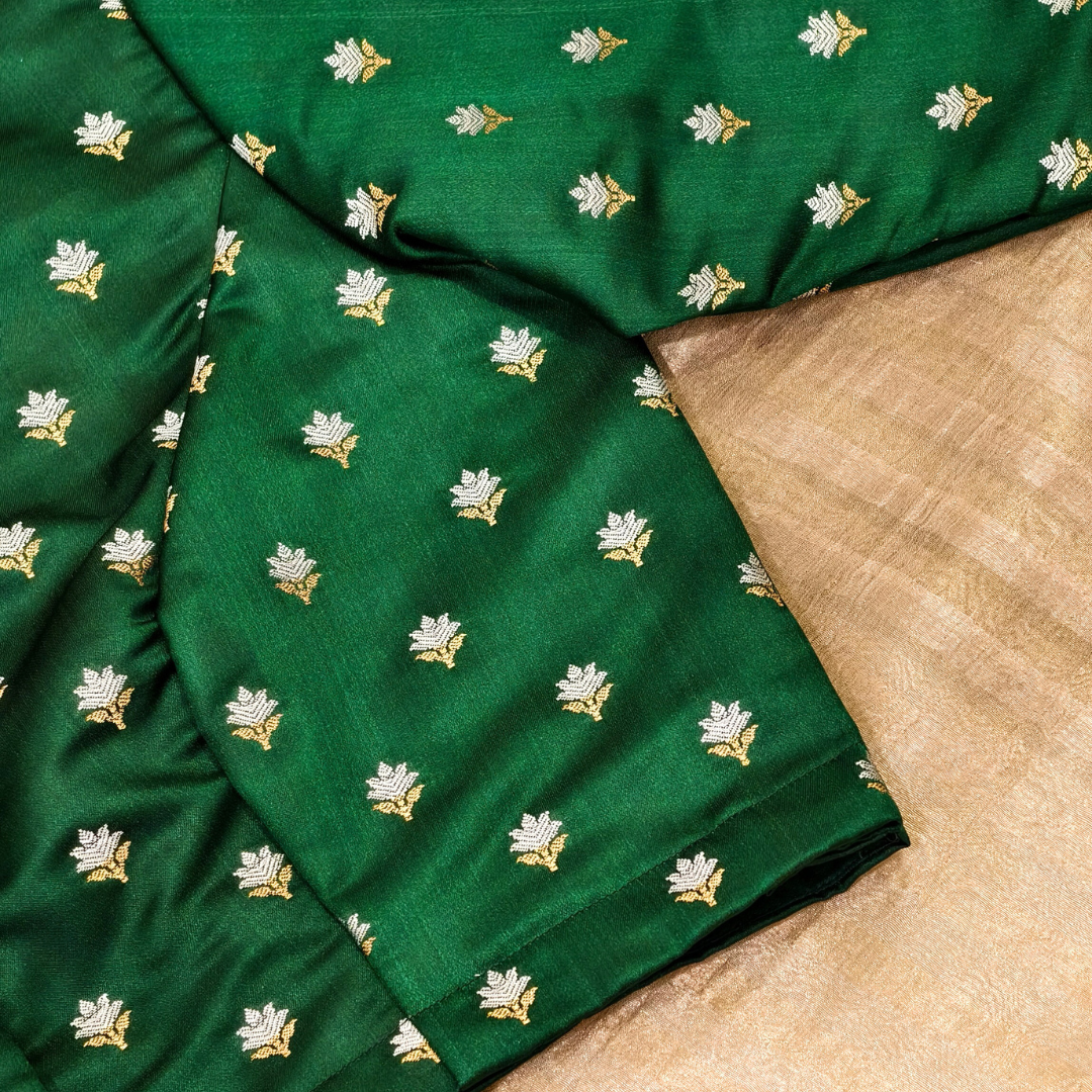 Bottle Green Zari Floral Motif Satin Silk Brocade Blouse