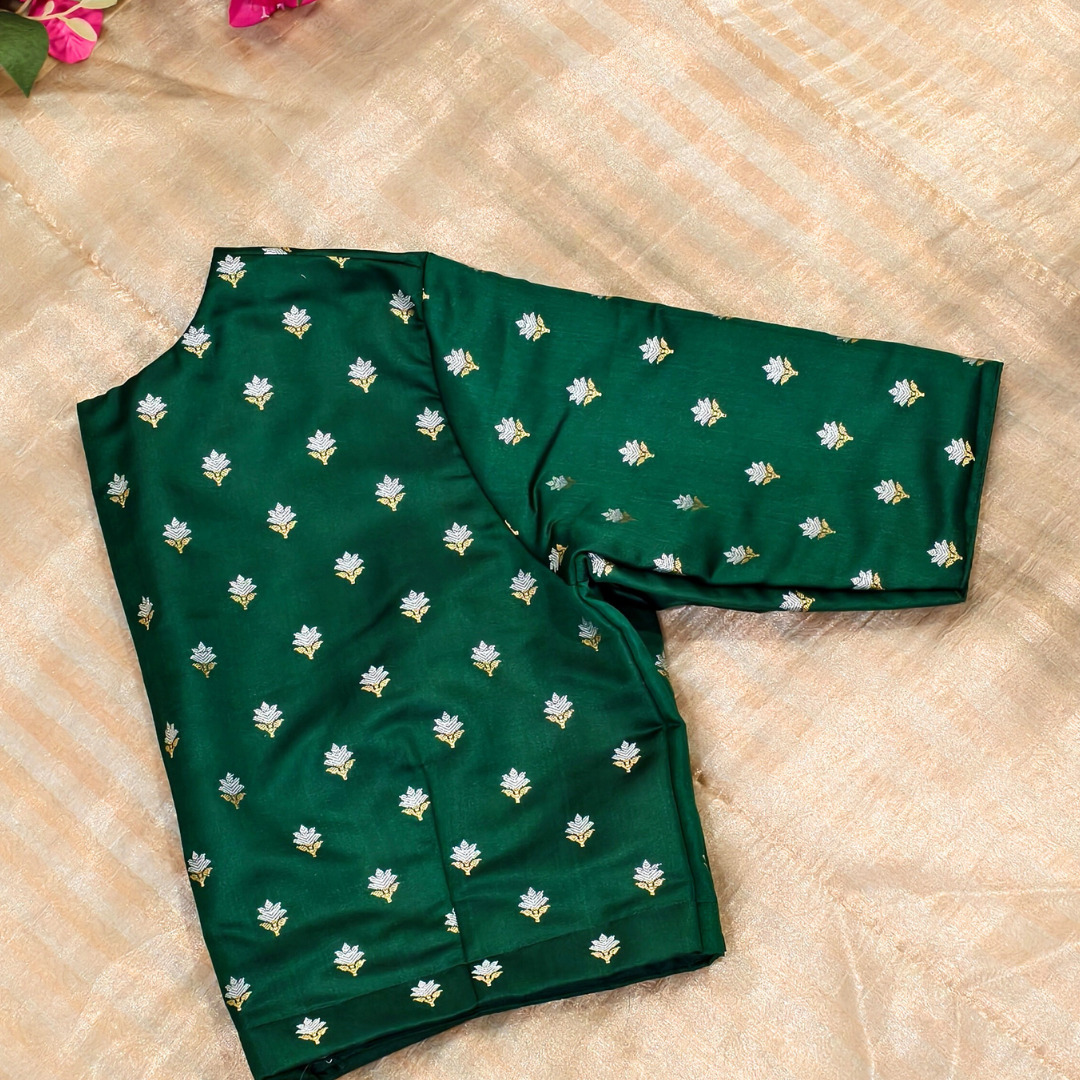 Bottle Green Zari Floral Motif Satin Silk Brocade Blouse