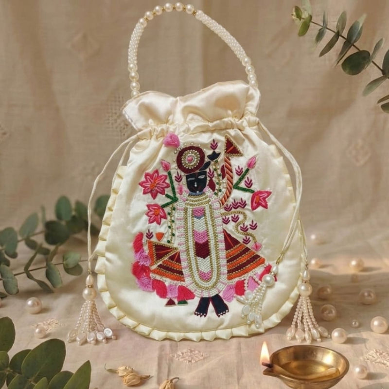 Buy Cream Peach Shreenathji Potli Bag | Godhuli