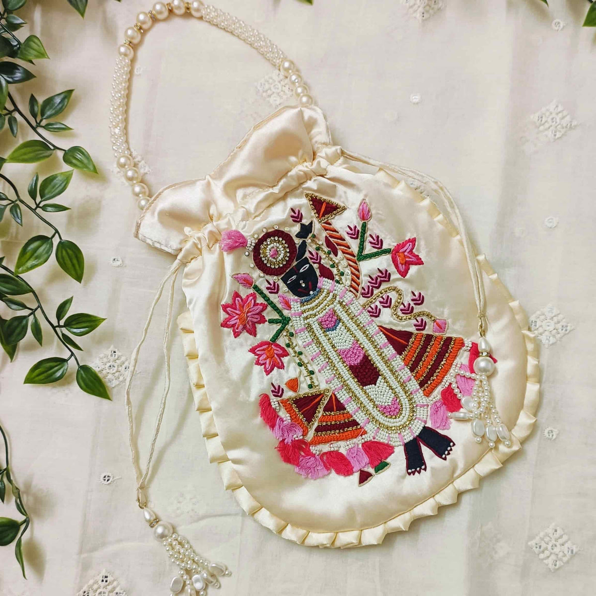 Buy Cream Peach Shreenathji Potli Bag