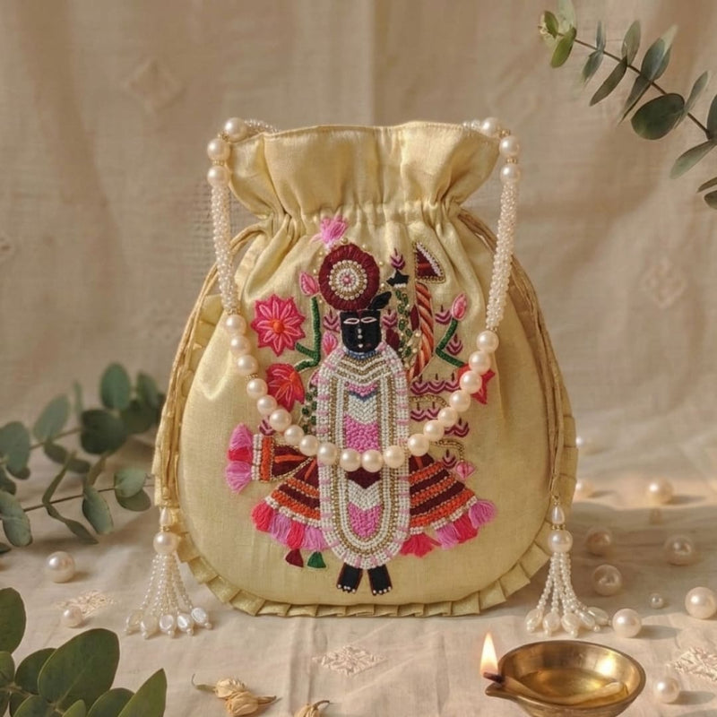 Buy Golden Tissue Shreenathji Potli Bag | Godhuli