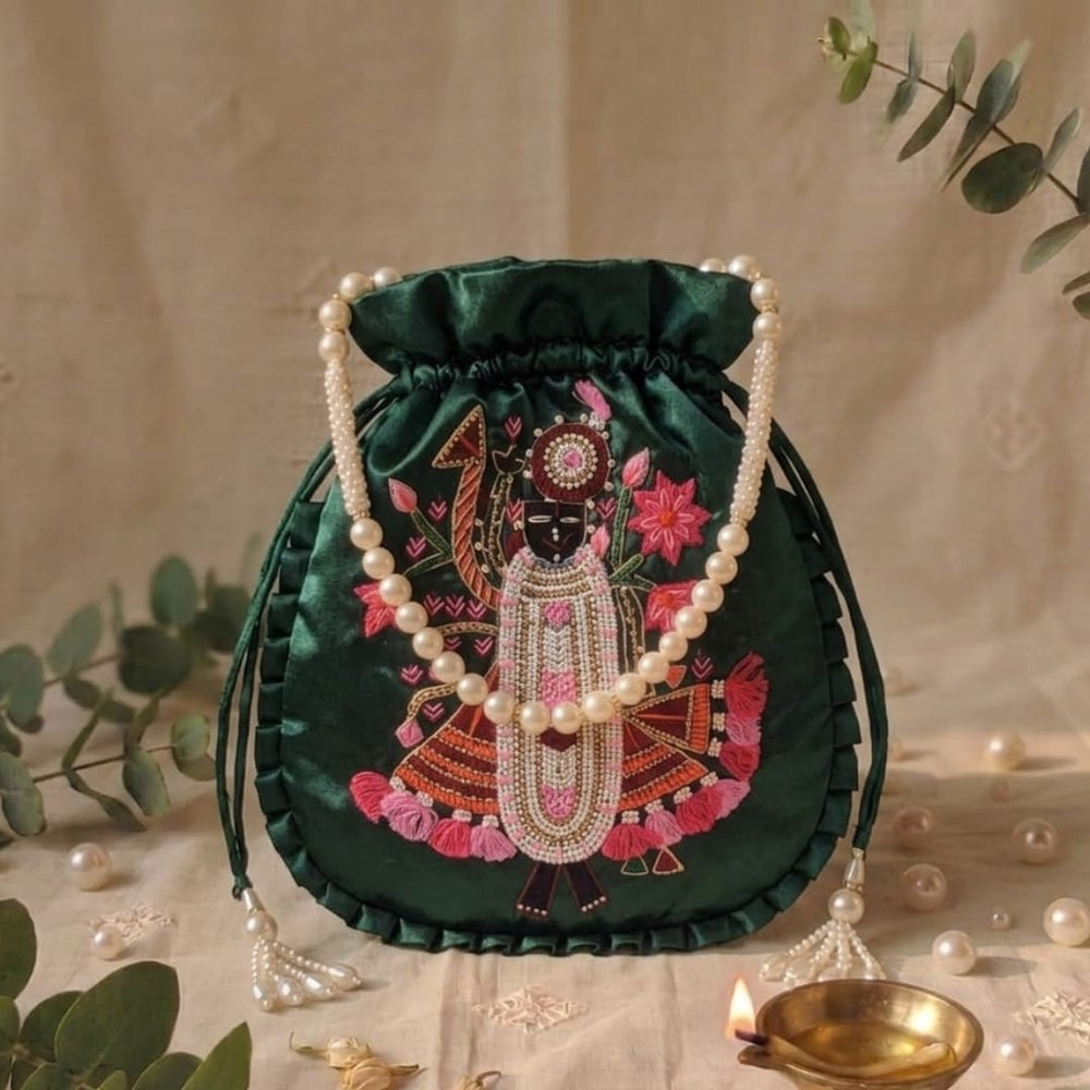 Buy Green Colour Shreenathji Potli Bag | Godhuli