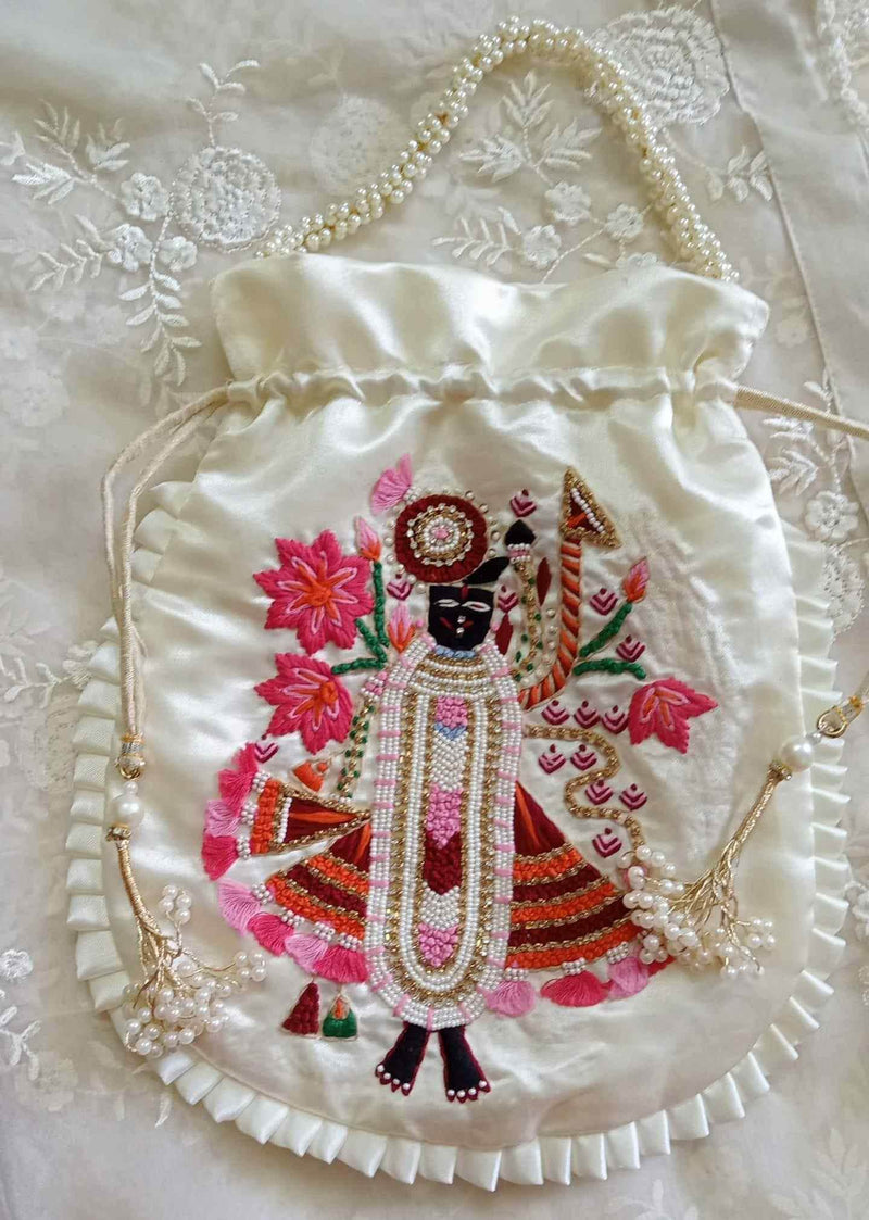 Buy Ivory Colour Shreenathji Potli Bag | Godhuli