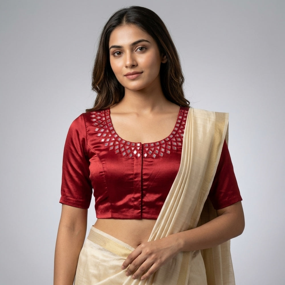 Maroon Heavy Mirrorwork Readymade Blouse Fabric | Godhuli