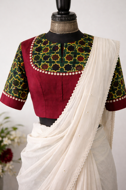 Buy Marron Green Mughal Print Ajrakh Mirrorwork Blouse | Godhuli