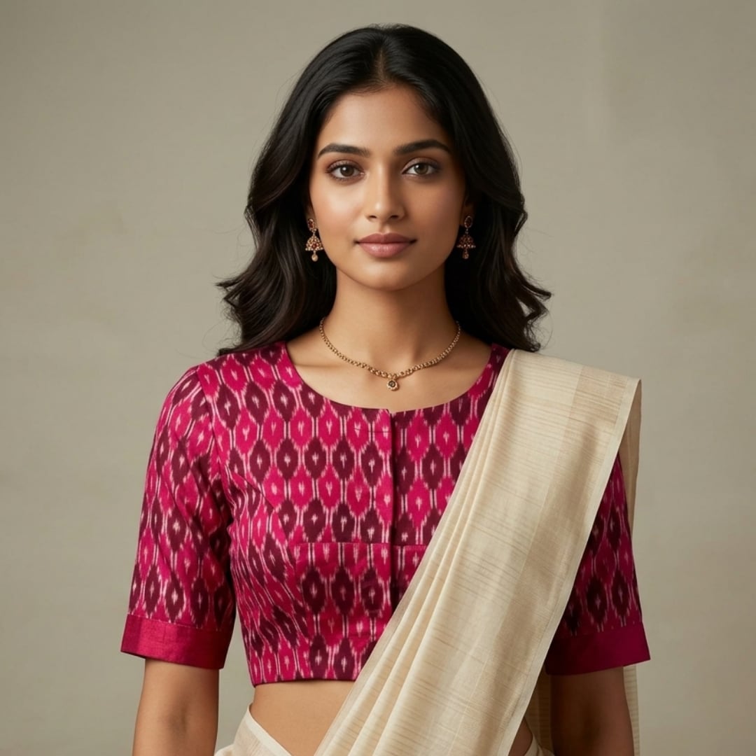 Cherry Red Brown Ikat Readymade Blouse | Godhuli