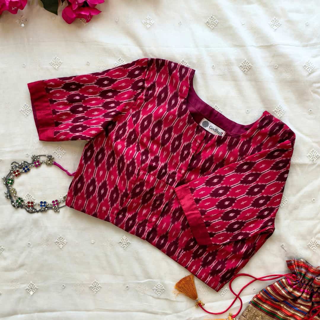 Cherry Red Brown Ikat Readymade Blouse | Godhuli