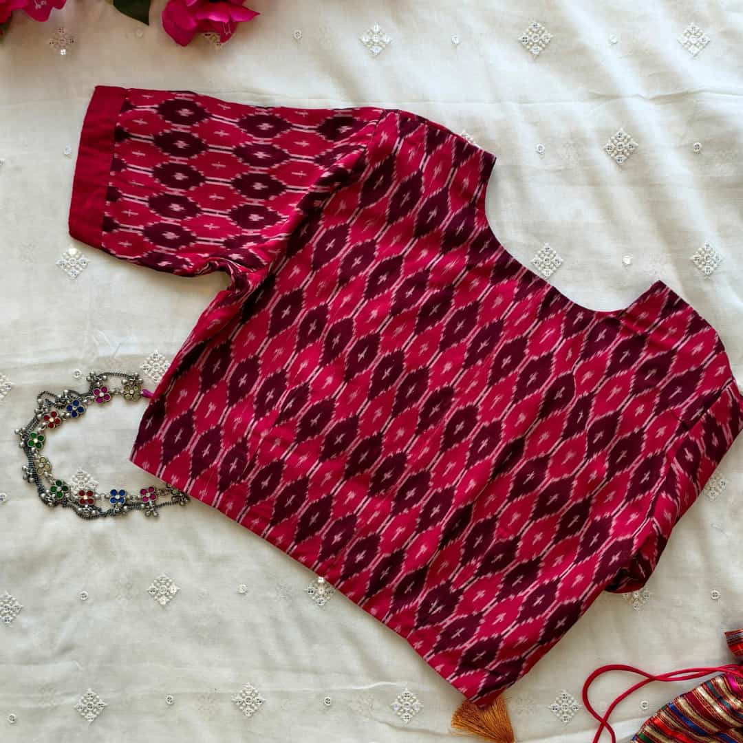 Cherry Red Brown Ikat Readymade Blouse | Godhuli