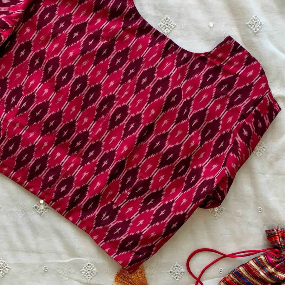 Cherry Red Brown Ikat Readymade Blouse | Godhuli