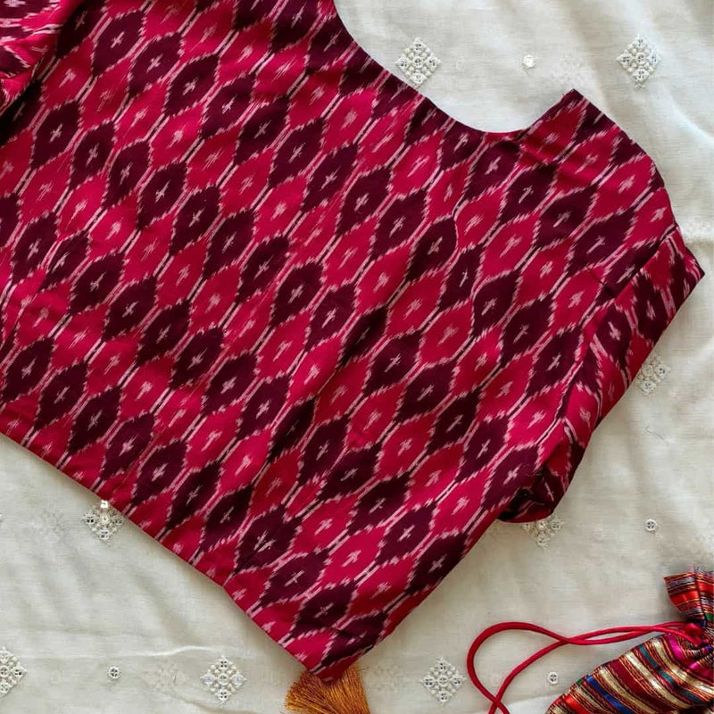 Cherry Red Brown Ikat Readymade Blouse | Godhuli