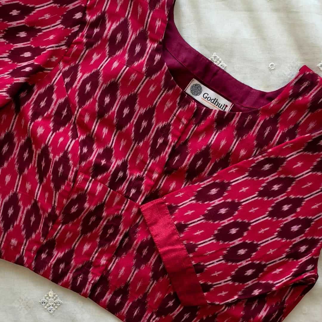 Cherry Red Brown Ikat Readymade Blouse | Godhuli