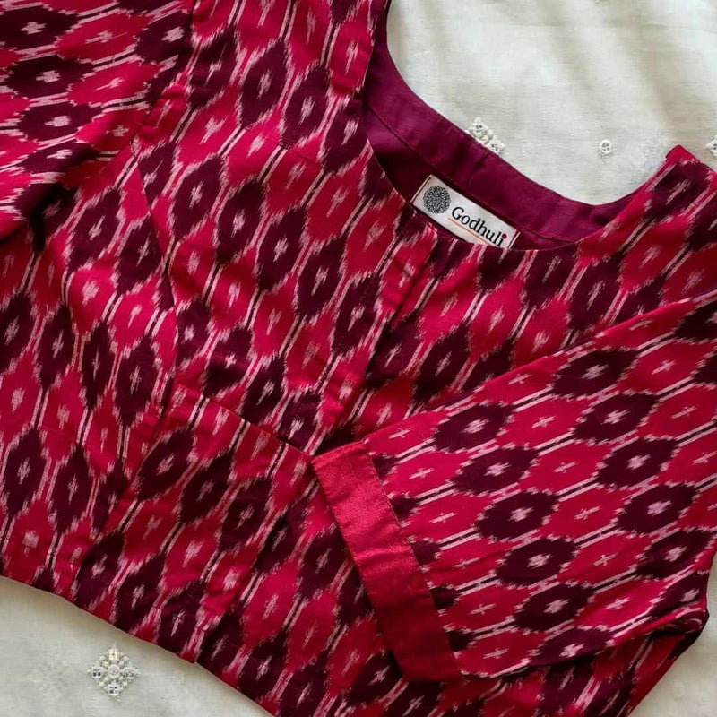 Cherry Red Brown Ikat Readymade Blouse | Godhuli