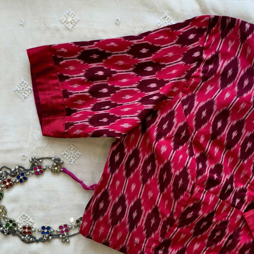 Cherry Red Brown Ikat Readymade Blouse | Godhuli
