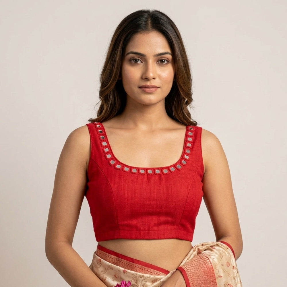 Cherry Red Mirror Work Sleeveless Readymade Blouse | Godhuli