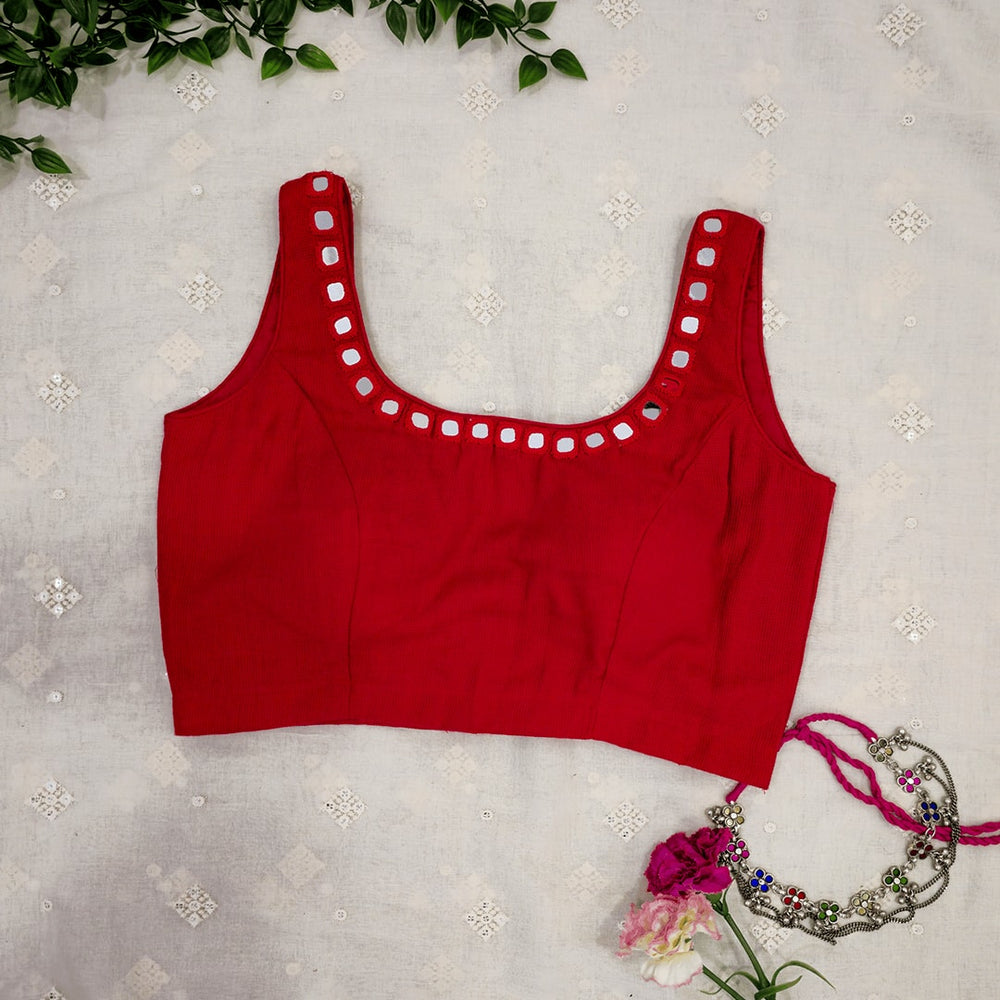 Cherry Red Mirror Work Sleeveless Readymade Blouse | Godhuli