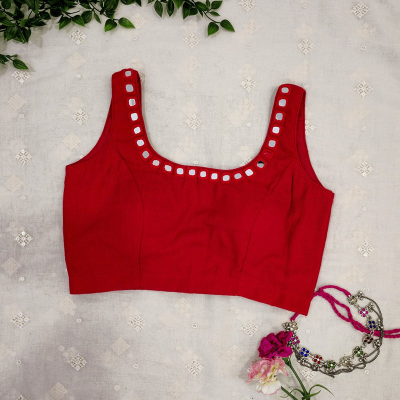 Cherry Red Mirror Work Sleeveless Readymade Blouse | Godhuli