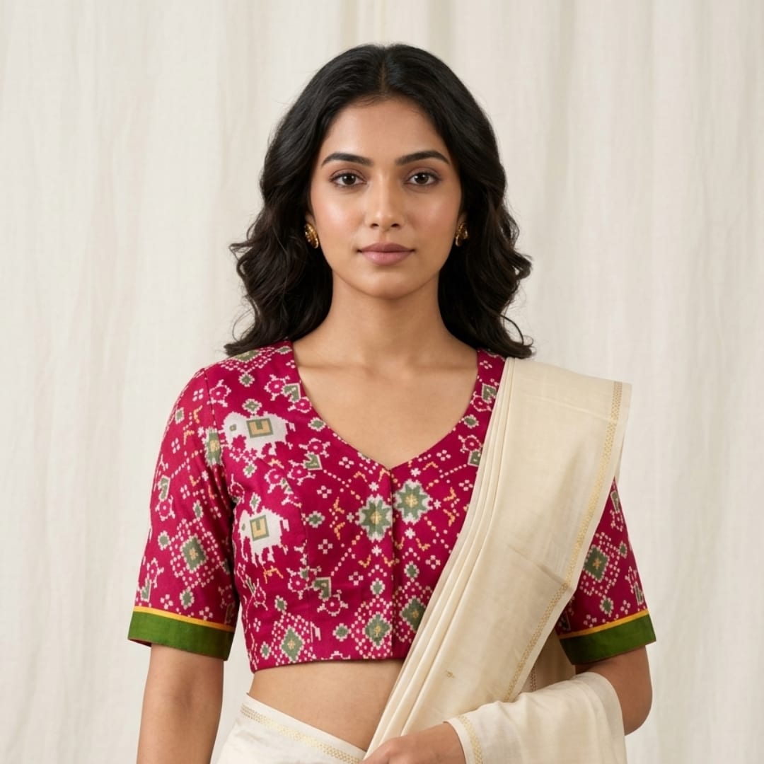 Cherry Red Patola print Dola Silk Readymade Blouse | Godhuli 