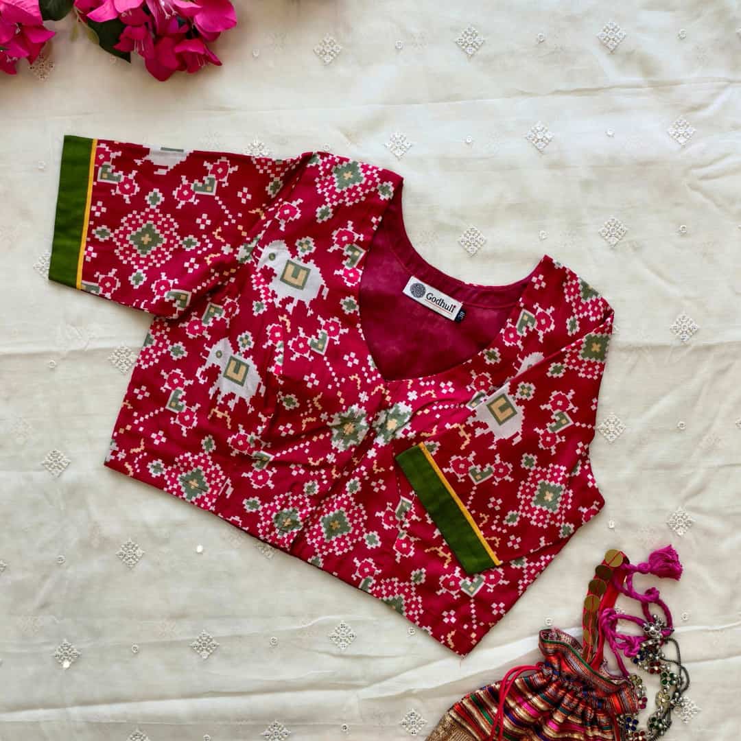 Cherry Red Patola print Dola Silk Readymade Blouse | Godhuli 
