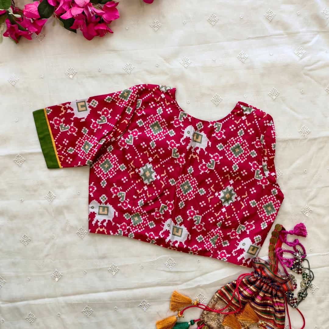 Cherry Red Patola print Dola Silk Readymade Blouse | Godhuli 