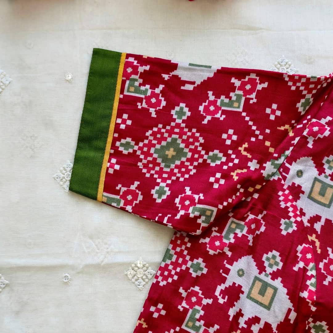 Cherry Red Patola print Dola Silk Readymade Blouse | Godhuli 