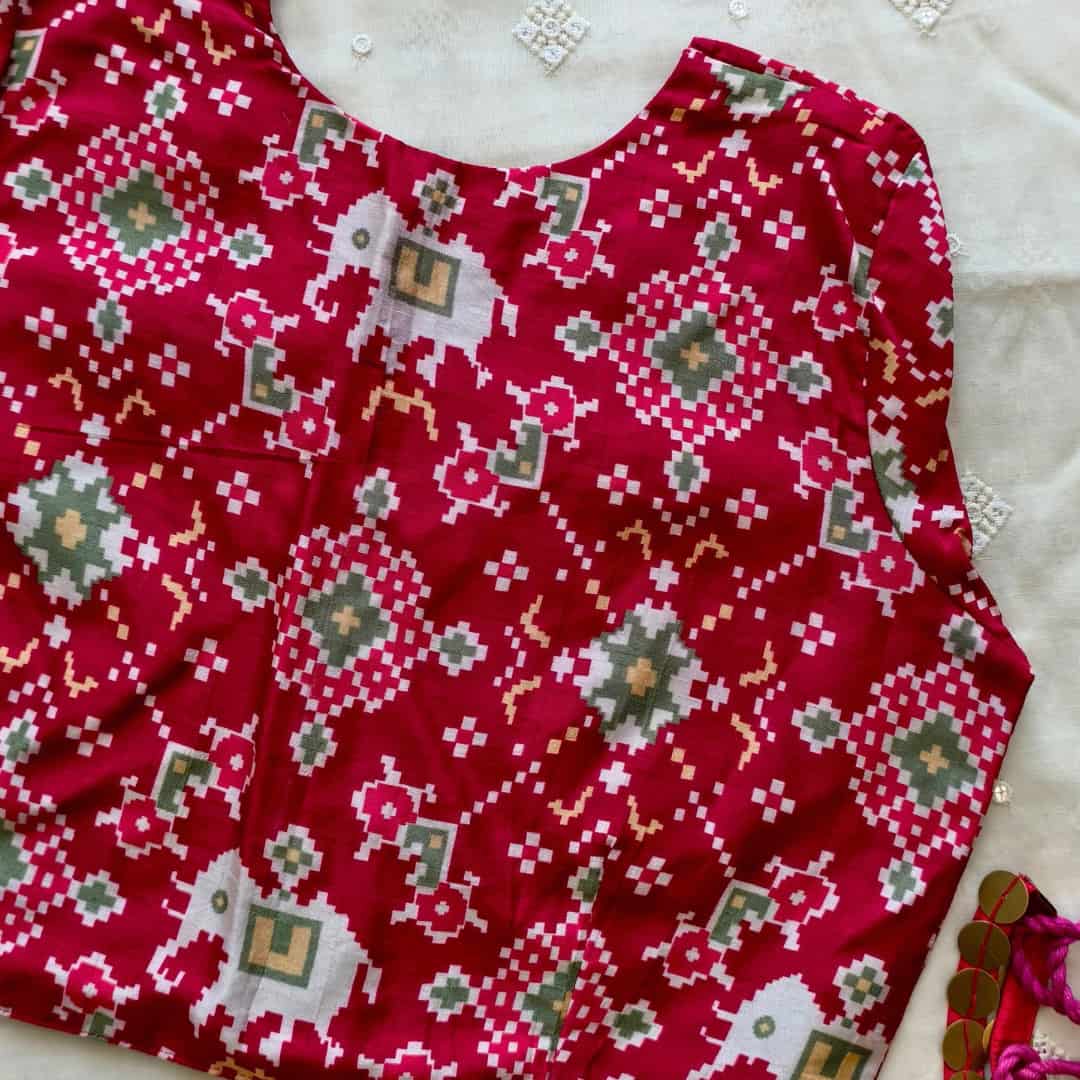 Cherry Red Patola print Dola Silk Readymade Blouse | Godhuli 