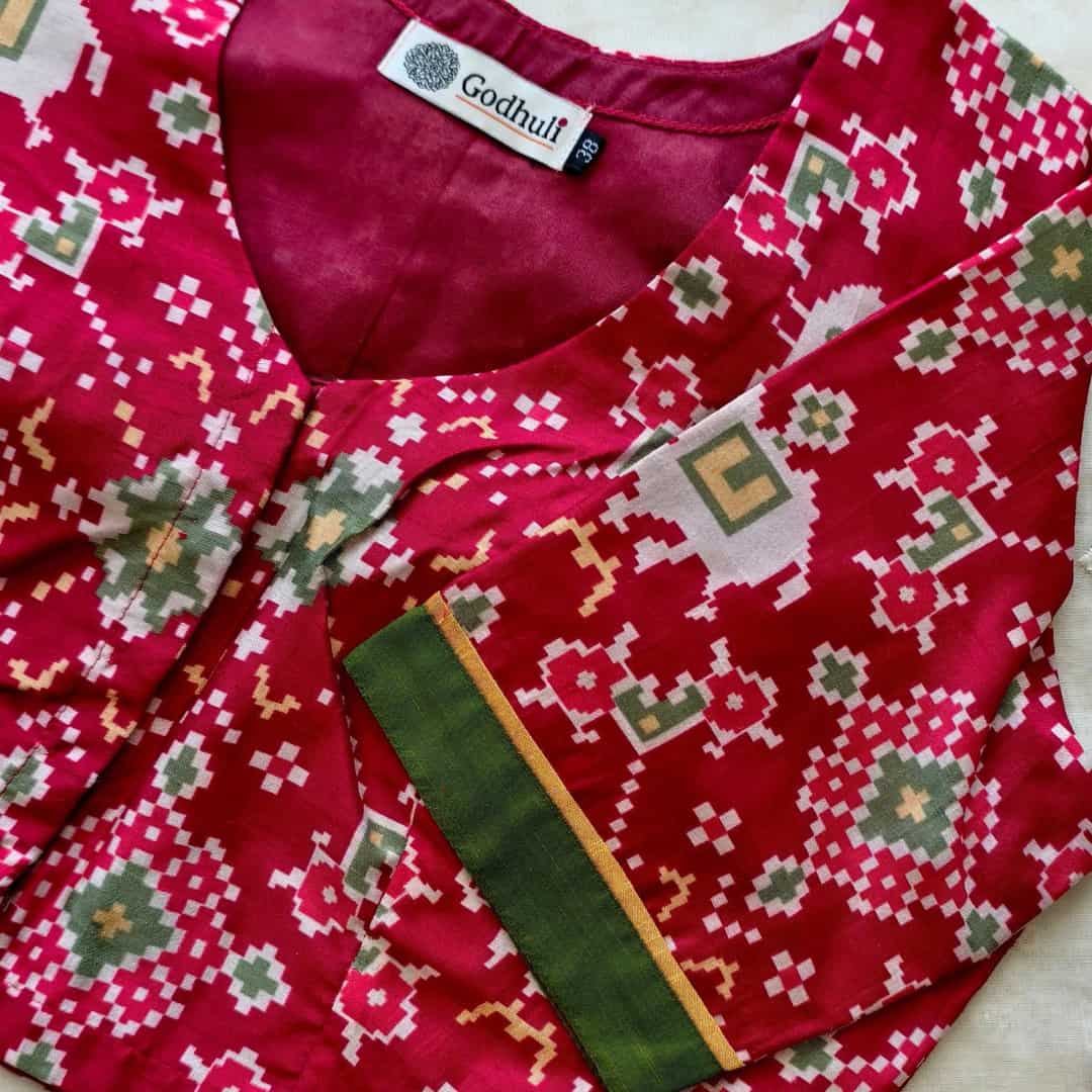 Cherry Red Patola print Dola Silk Readymade Blouse | Godhuli 