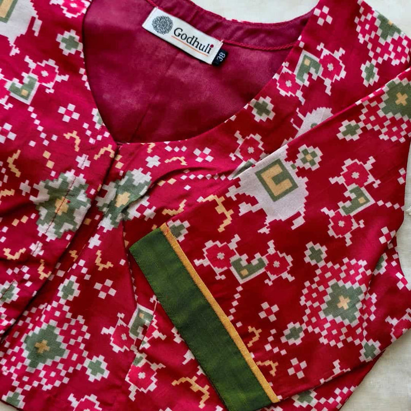 Cherry Red Patola print Dola Silk Readymade Blouse | Godhuli