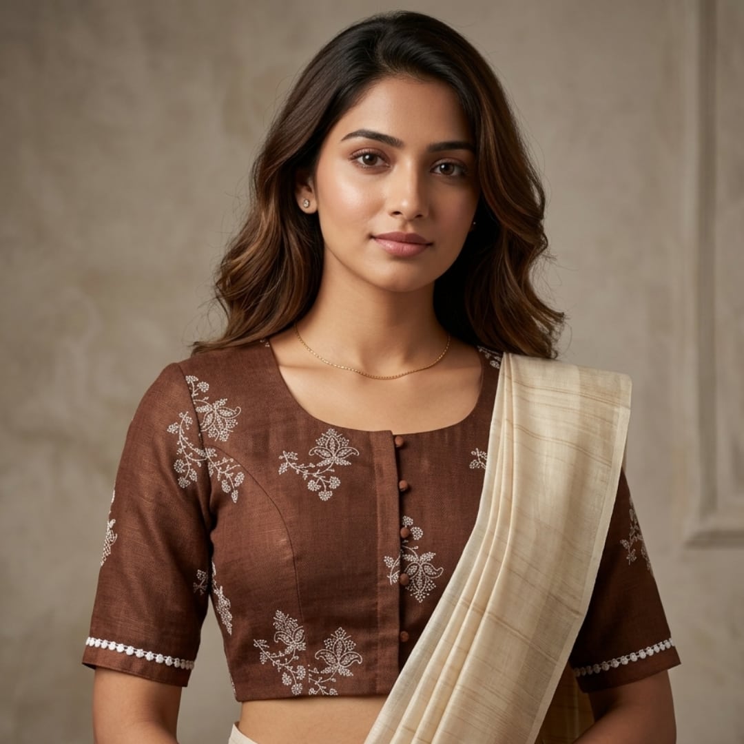 Chocolate Brown Embroidered Linen Readymade Blouse | Godhuli