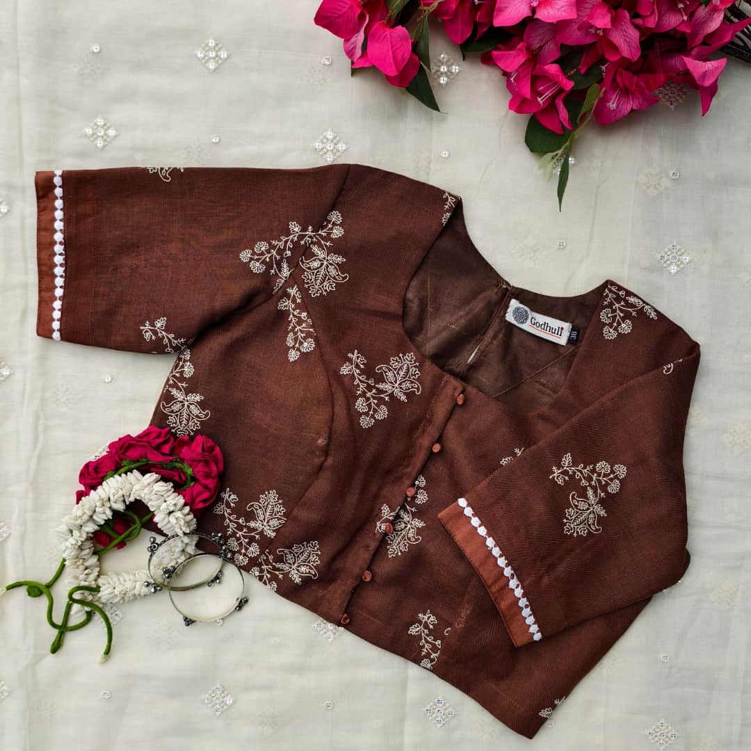 Chocolate Brown Embroidered Linen Readymade Blouse | Godhuli