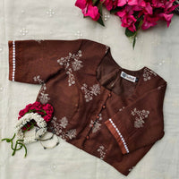 Chocolate Brown Embroidered Linen Blouse | Godhuli