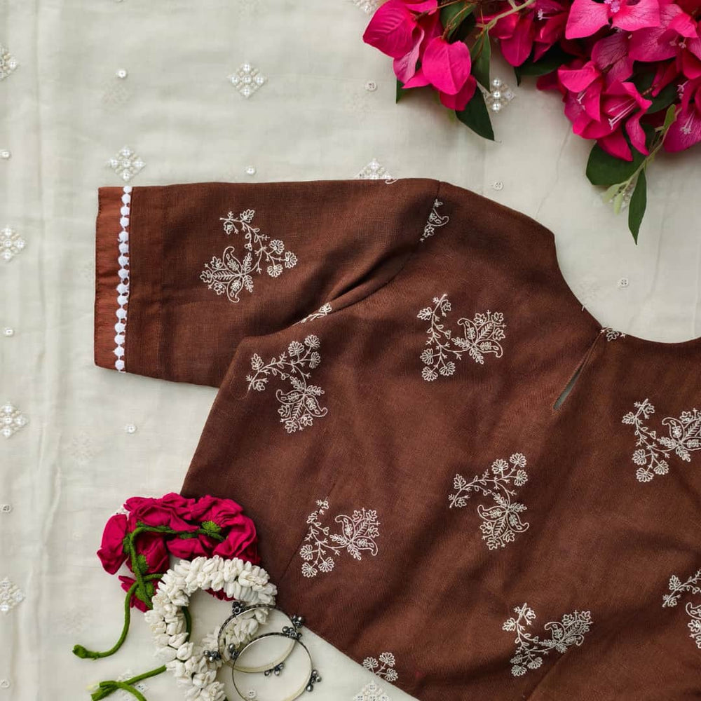 Chocolate Brown Embroidered Linen Blouse | Godhuli