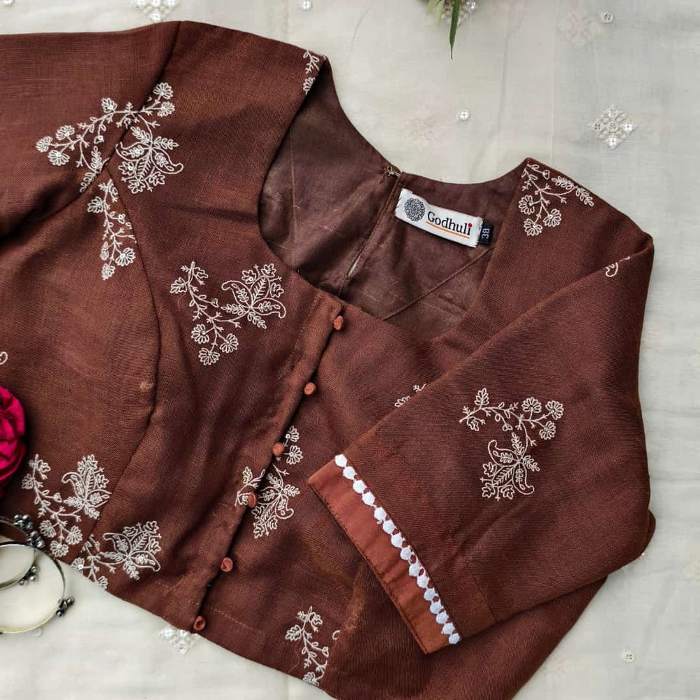 Chocolate Brown Embroidered Linen Blouse | Godhuli