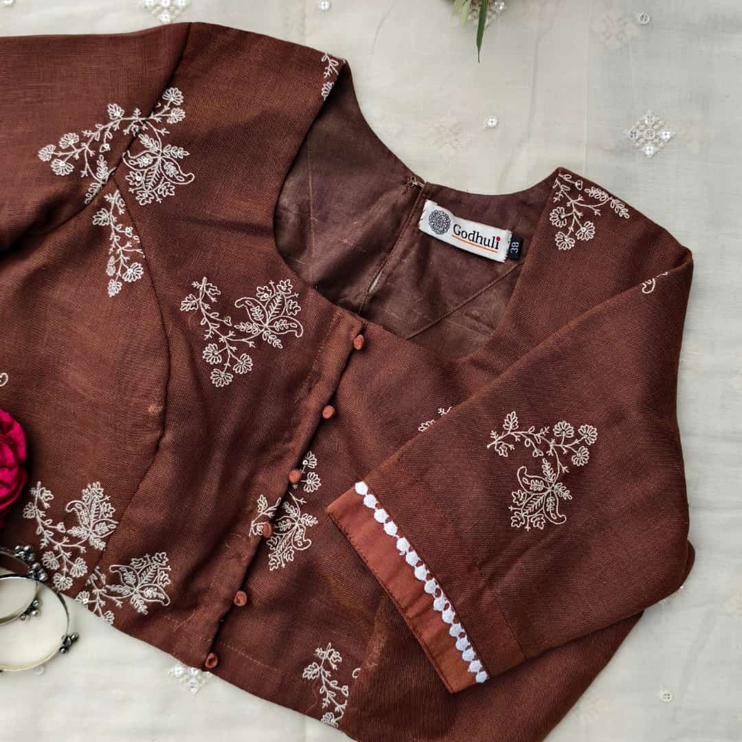 Chocolate Brown Embroidered Linen Readymade Blouse | Godhuli