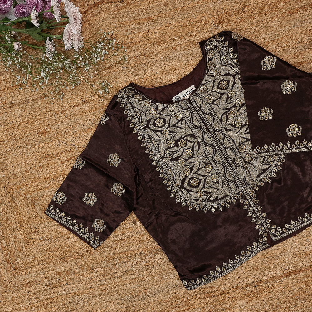 Buy Chocolate Brown Gaji Silk Aari Work Blouse Combo | Perfect for B2B Orders