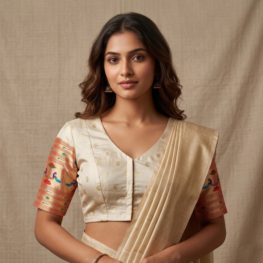 Cream Paithani Peacock Border Sleeves Readymade Blouse