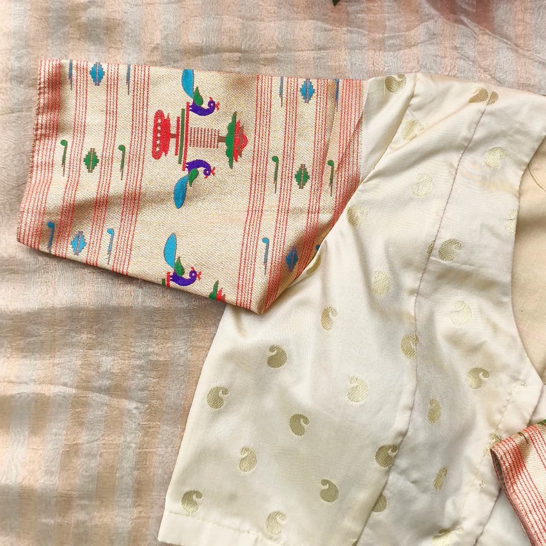 Cream Paithani Peacock Border Sleeves Readymade Blouse