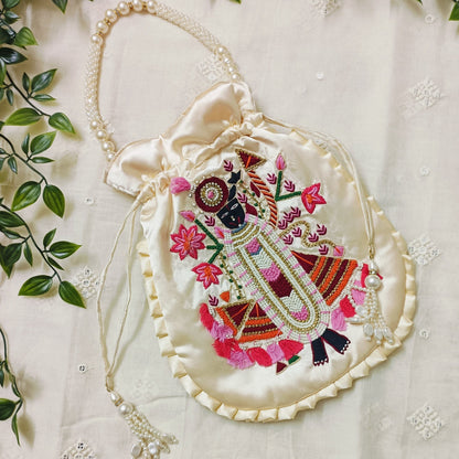 Cream Peach Shreenathji Potli Bag
