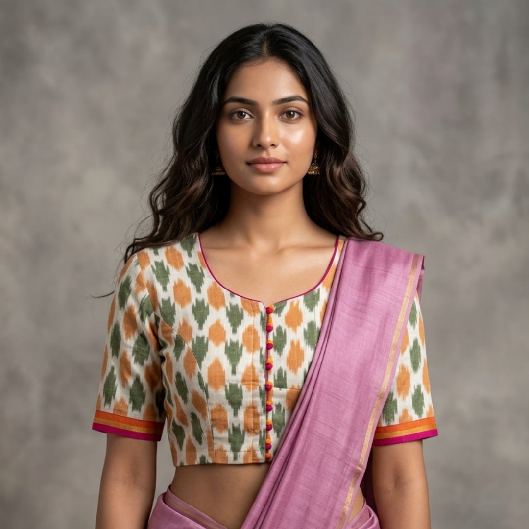 Cream blouse with Orange Green ikat Weave Blouse | Godhuli