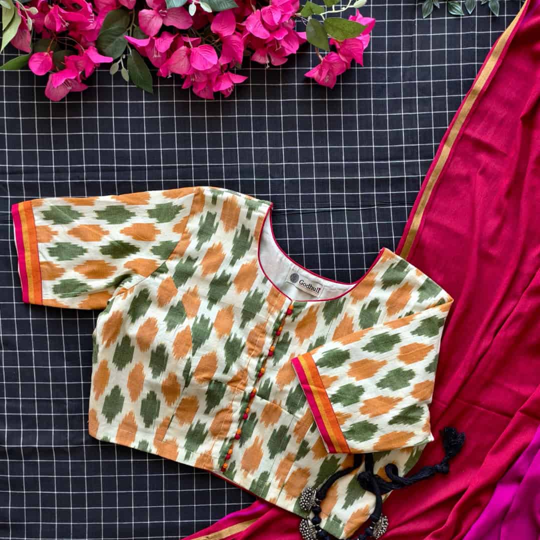 Cream blouse with Orange Green ikat Weave Blouse | Godhuli