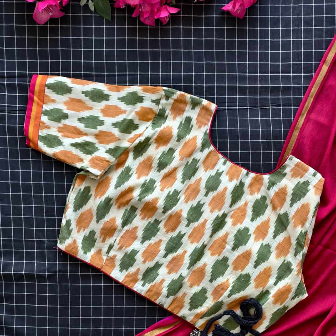 Cream blouse with Orange Green ikat Weave Blouse | Godhuli