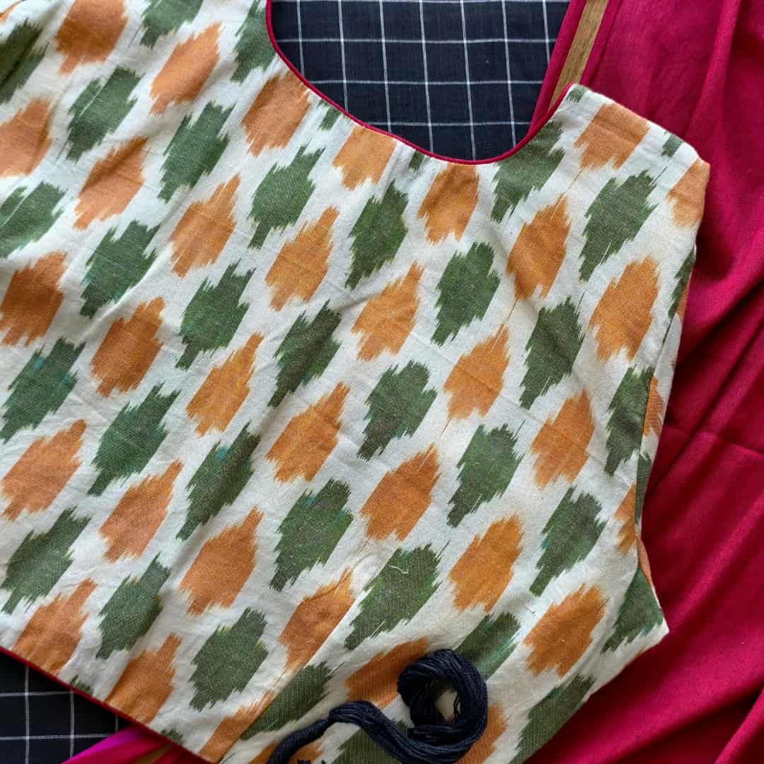 Cream blouse with Orange Green ikat Weave Blouse | Godhuli