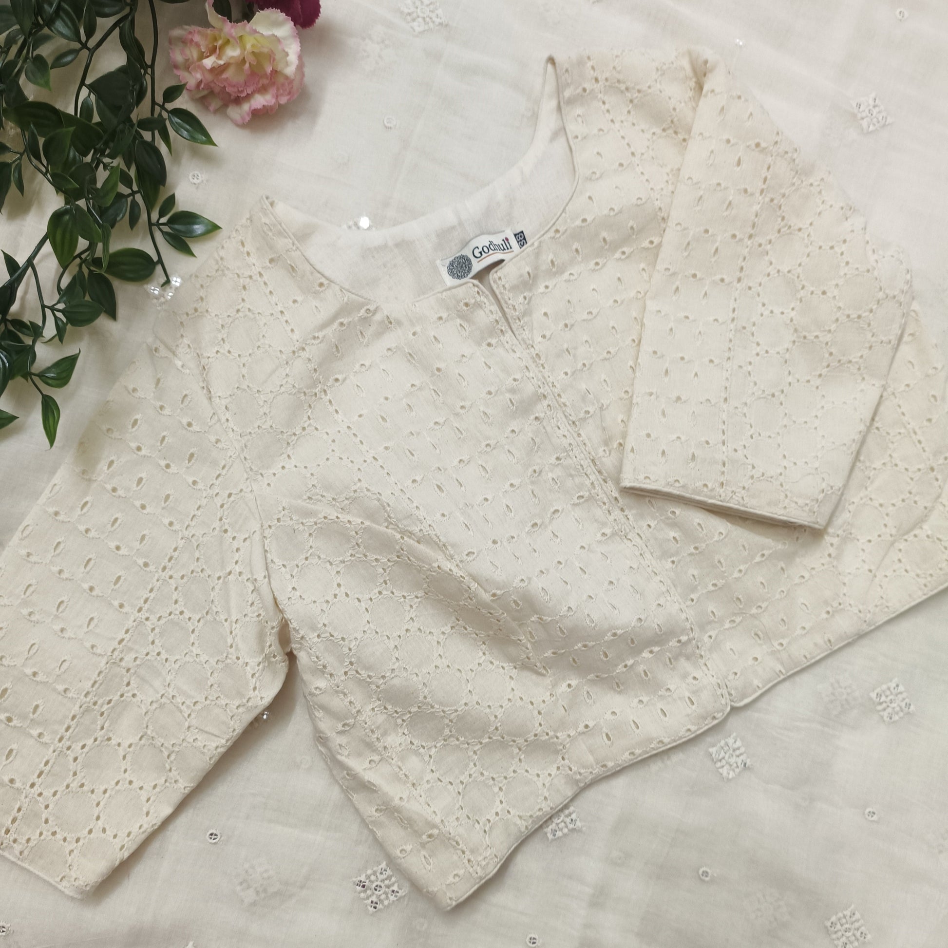 Cut-work Embroidered Blouse with Front Slit Combo