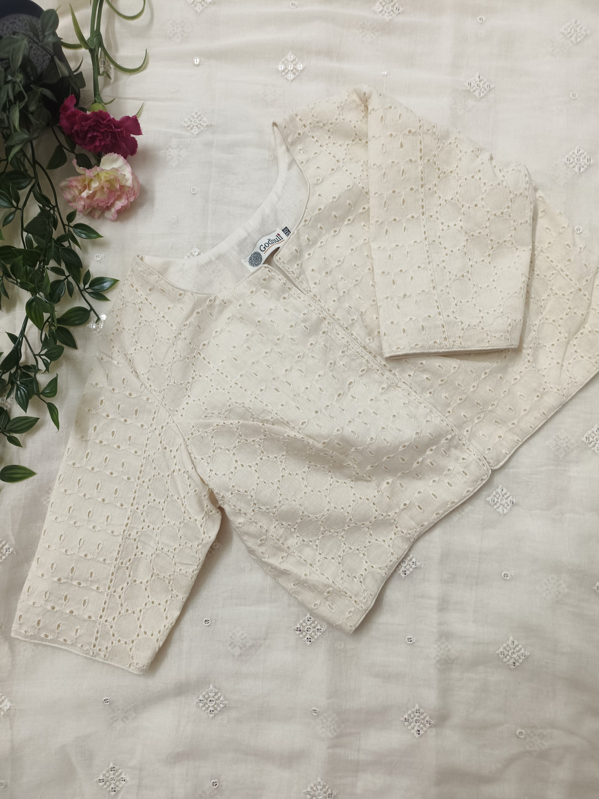 Cut-work Embroidered Blouse with Front Slit Combo