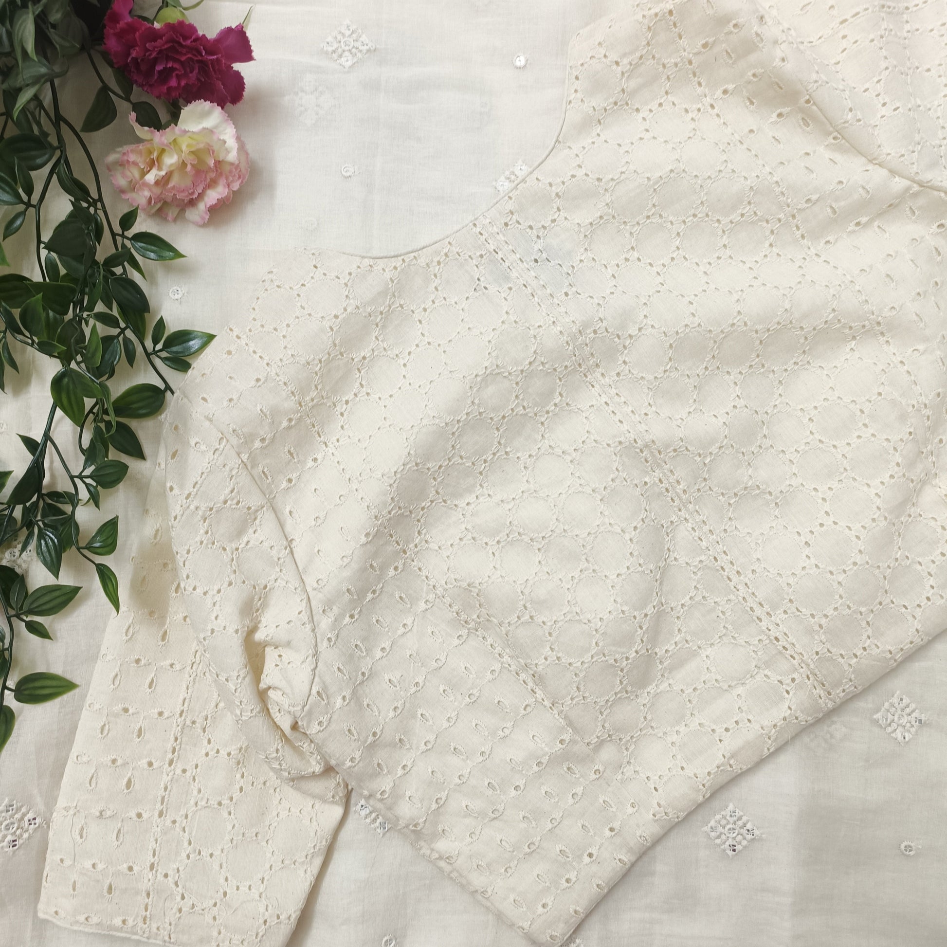Cut-work Embroidered Blouse with Front Slit Combo