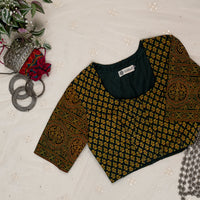 Dark Green Ajrakh Cotton Readymade Blouse | Godhuli