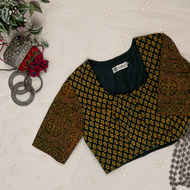 Dark Green Ajrakh Cotton Readymade Blouse | Godhuli