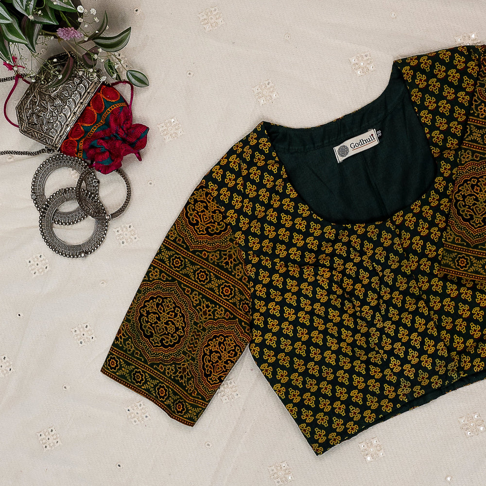 Dark Green Ajrakh Cotton Readymade Blouse | Godhuli