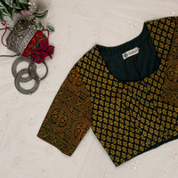 Dark Green Ajrakh Cotton Readymade Blouse | Godhuli